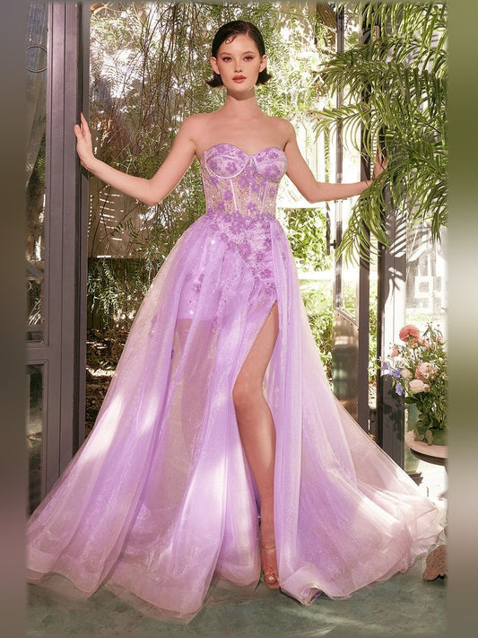 Lavender strapless corset formal dress with sweetheart neckline and thigh-high slit