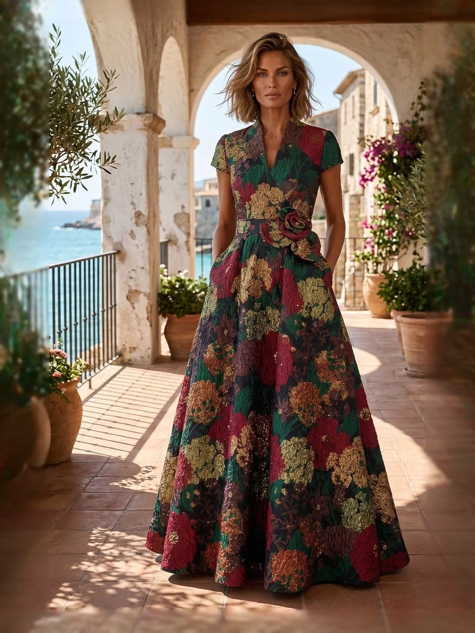 Floral V-neck A-line short dress in burgundy, green, and gold with short sleeves