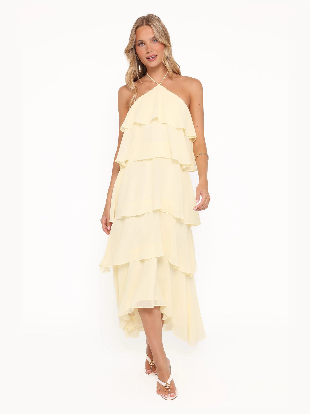 Yellow formal dress with a-line silhouette and maxi length