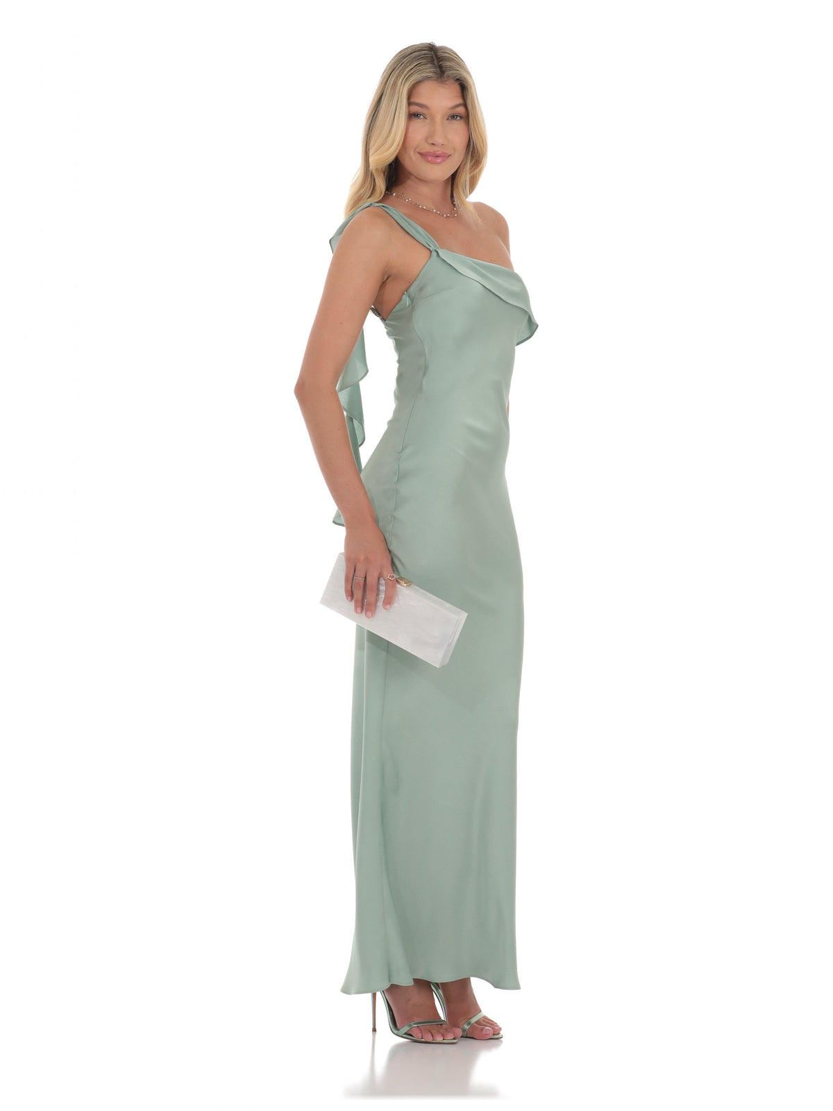 Sage bridesmaid dress with a-line silhouette and maxi length