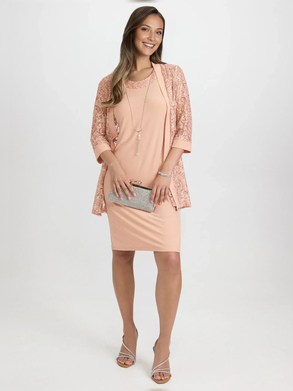 Pearl pink halter neck midi jersey dress with ruched neckline and lace sleeves