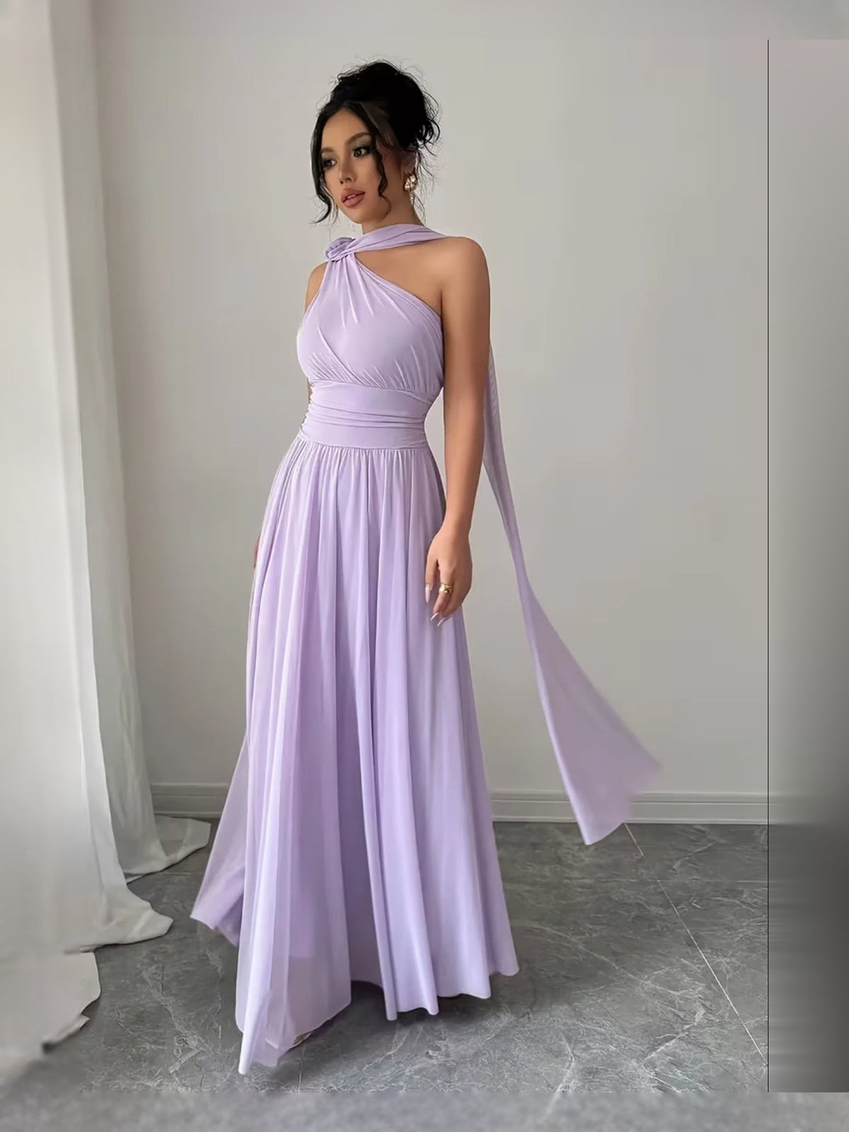 Lilac one-shoulder backless maxi prom dress with ruched bodice and flowing column skirt