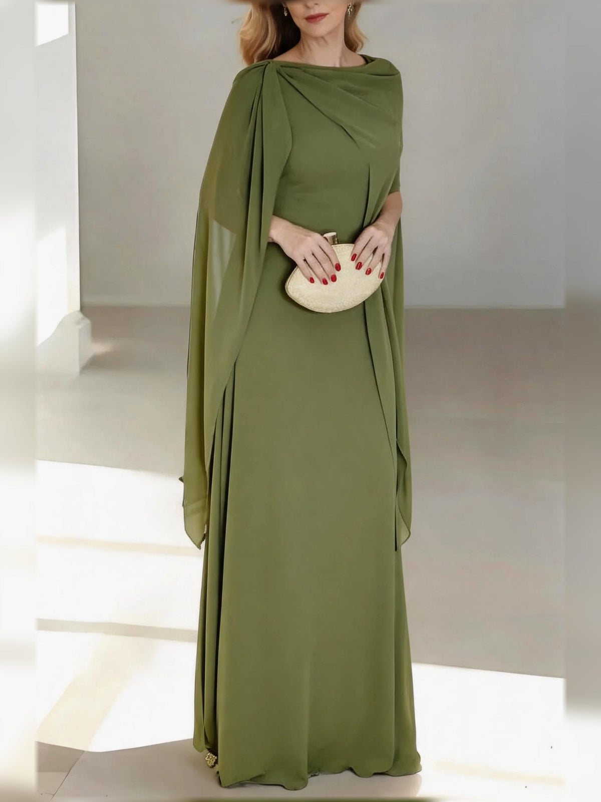 Olive green draped V-neck A-line chiffon floor-length dress with cape sleeves