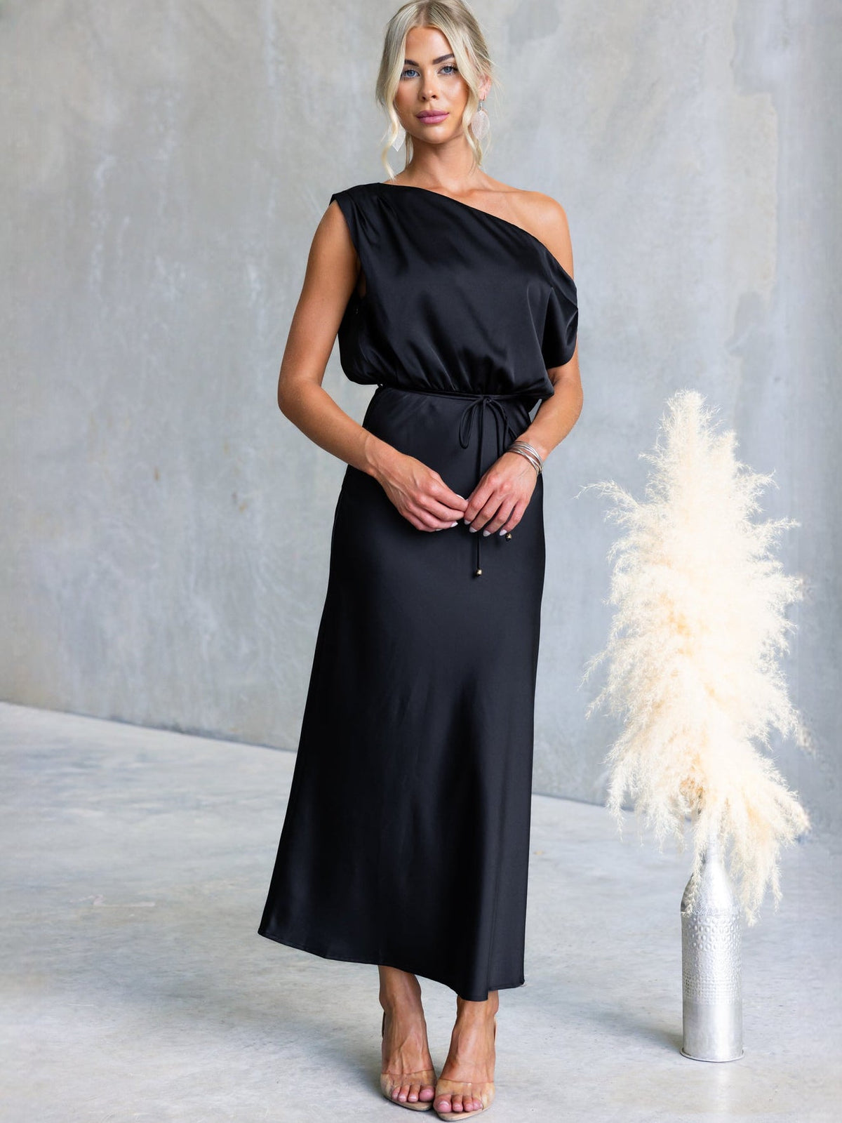 Black sheath maxi formal dress with one-shoulder neckline, full-length front view