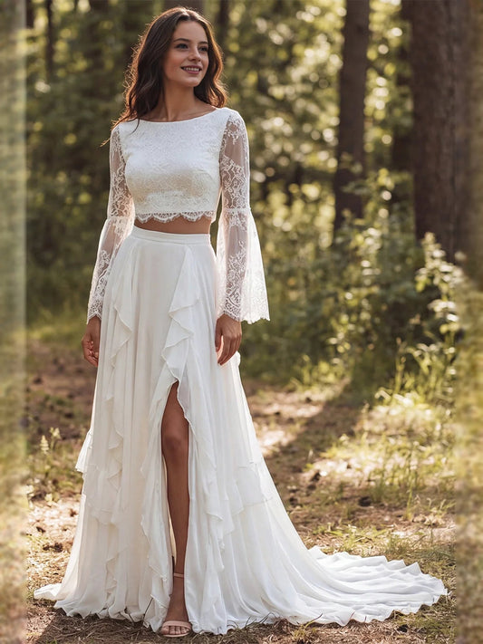 Ivory chiffon A-line wedding dress with lace bateau neck, ruffled slit and long sleeves