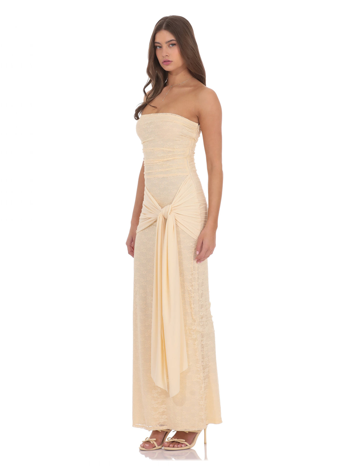 Vanilla bridesmaid dress with a-line silhouette and maxi length