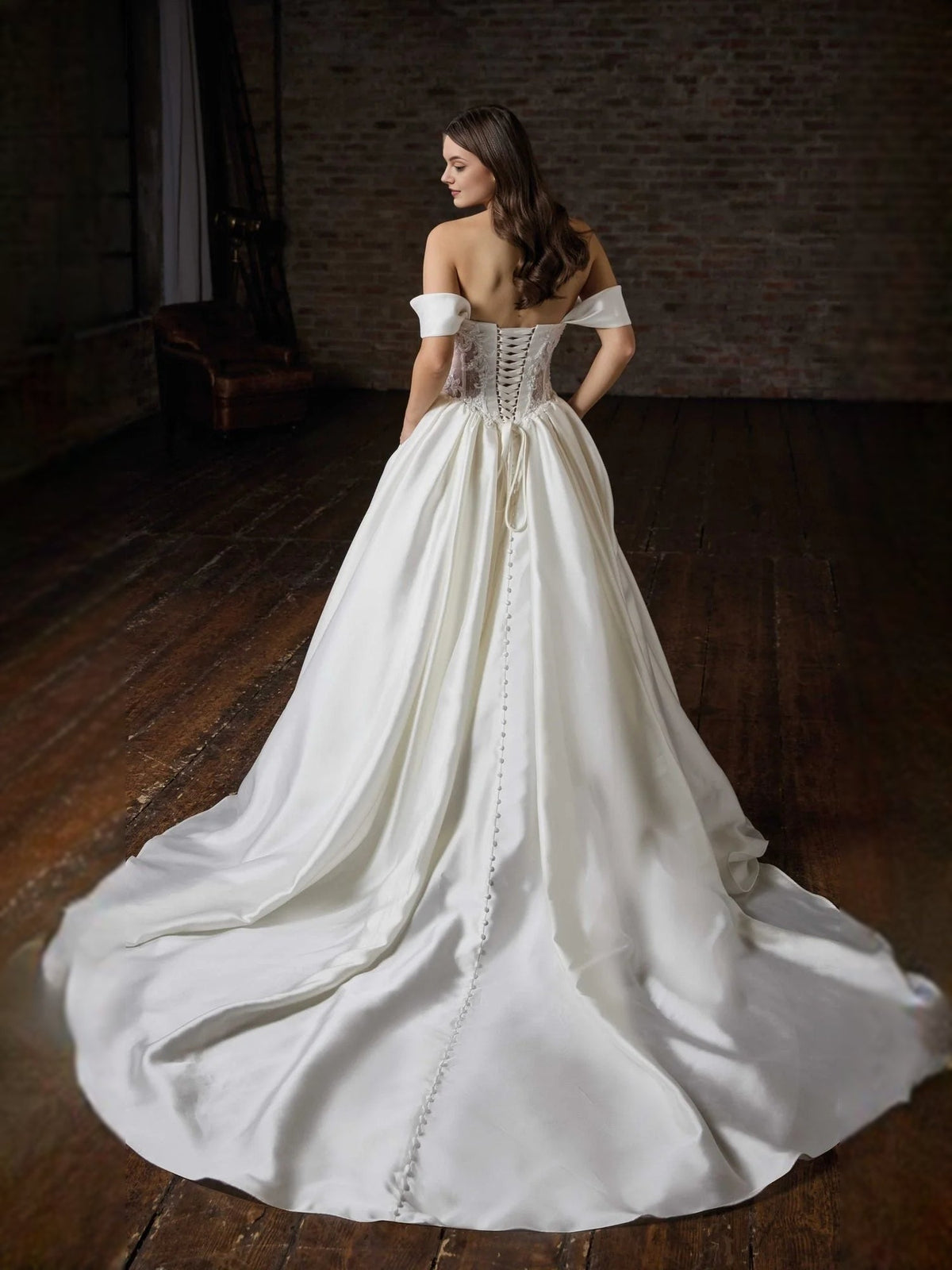 Ivory satin wedding dress with sweetheart corset, off-shoulder sleeves, lace-up back