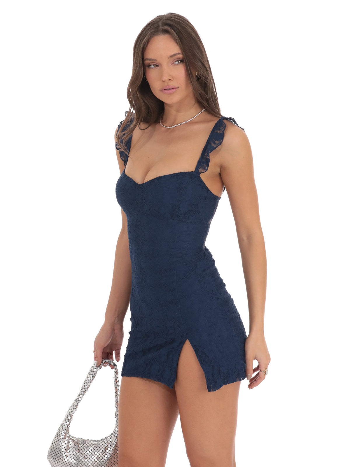 Navy homecoming dress with a-line silhouette and maxi length