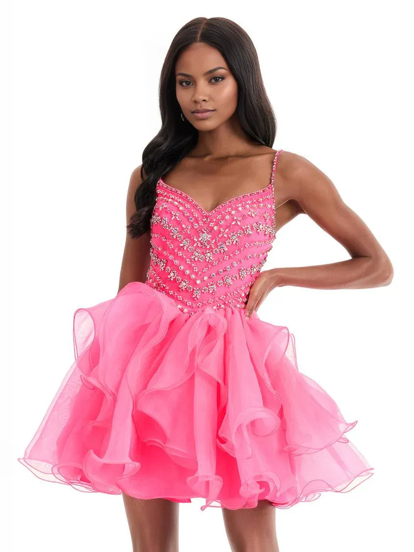 Hot pink sequined sweetheart A-line mini dress with layered ruffled organza skirt