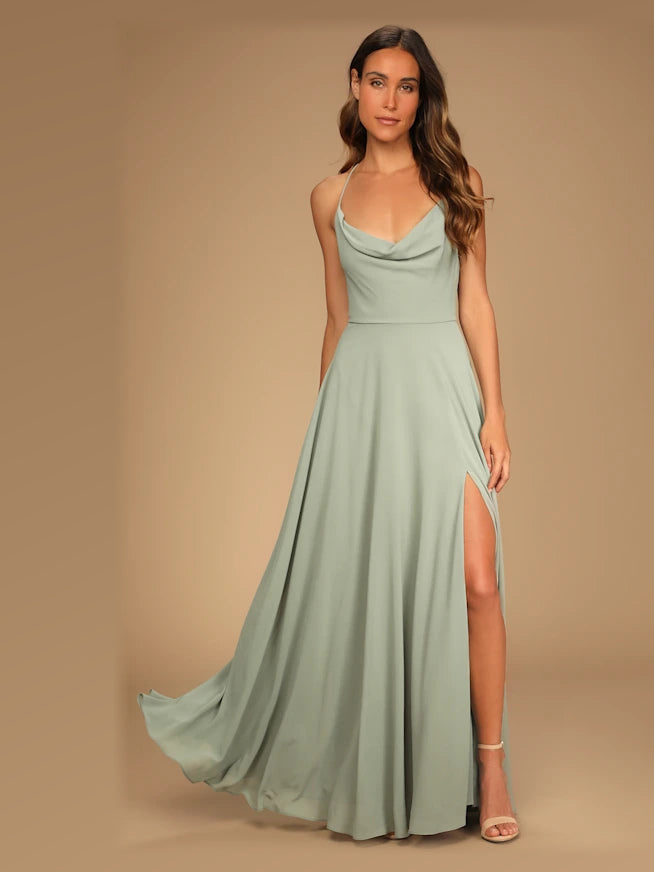 Sage Green maxi formal dress, front full-length view showing the neckline