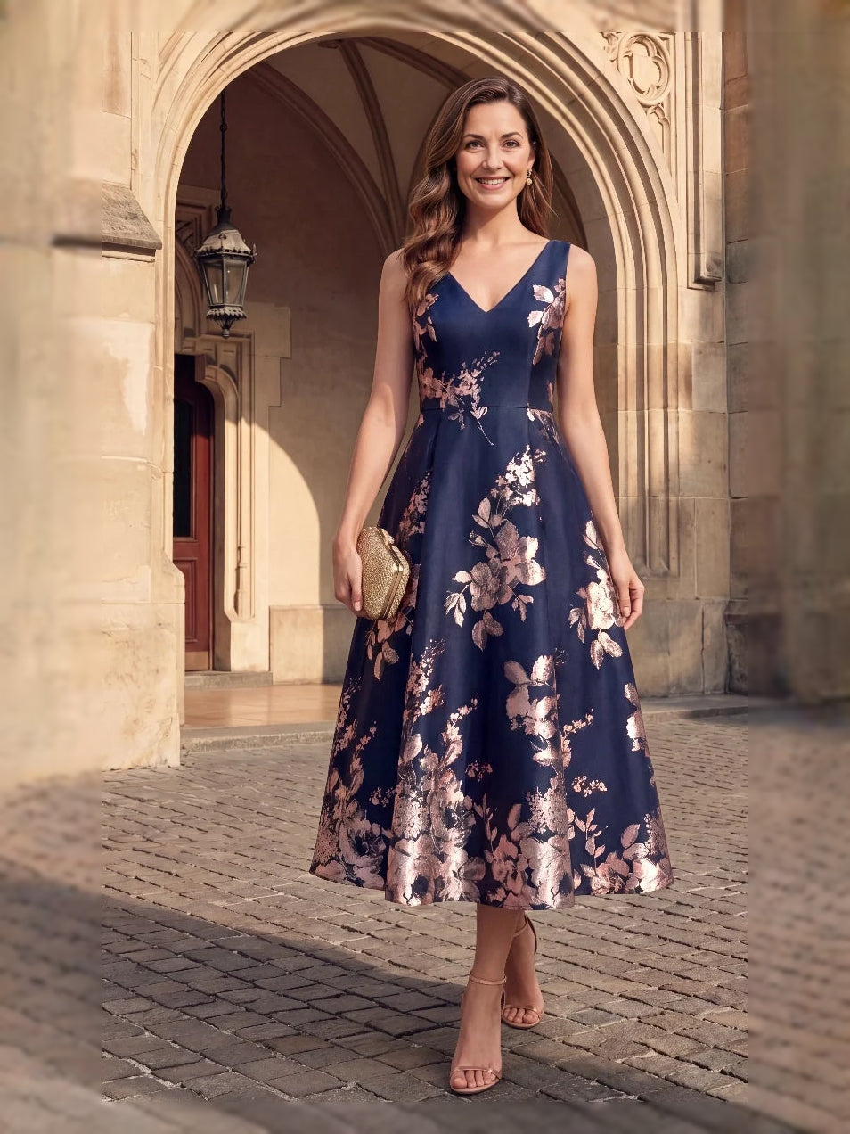 Floral A-line tea-length dress in dark blue, sleeveless V-neck with flared skirt