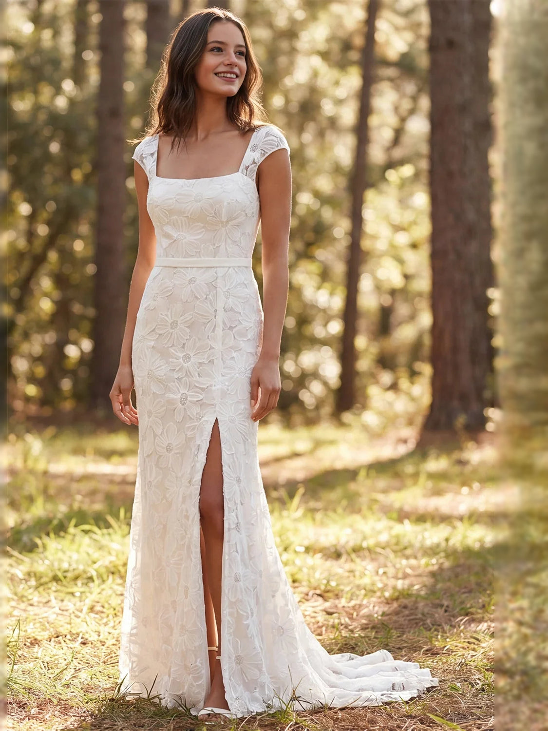 Ivory mermaid wedding dress with square neck, floral lace, and front slit
