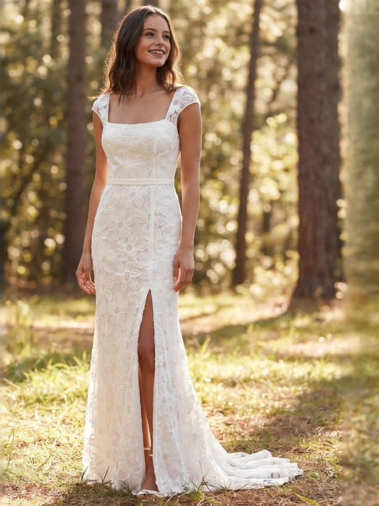 Ivory mermaid wedding dress with square neck, floral lace, and front slit