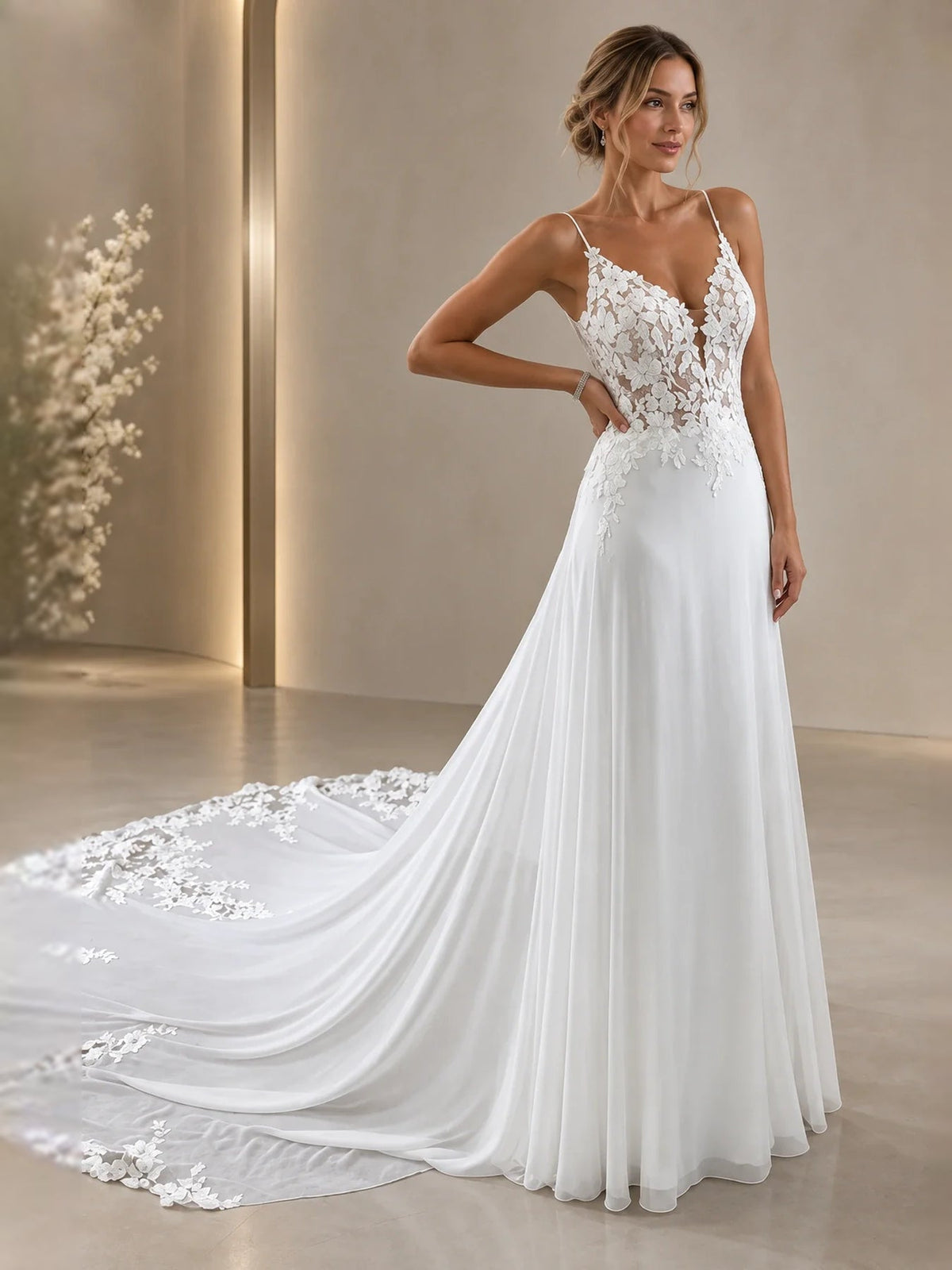 White backless V-neck A-line wedding dress with lace bodice and draped flowing train