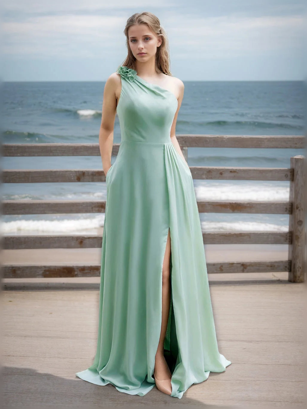 Dusty sage one-shoulder satin A-line bridesmaid dress with side slit, floor-length