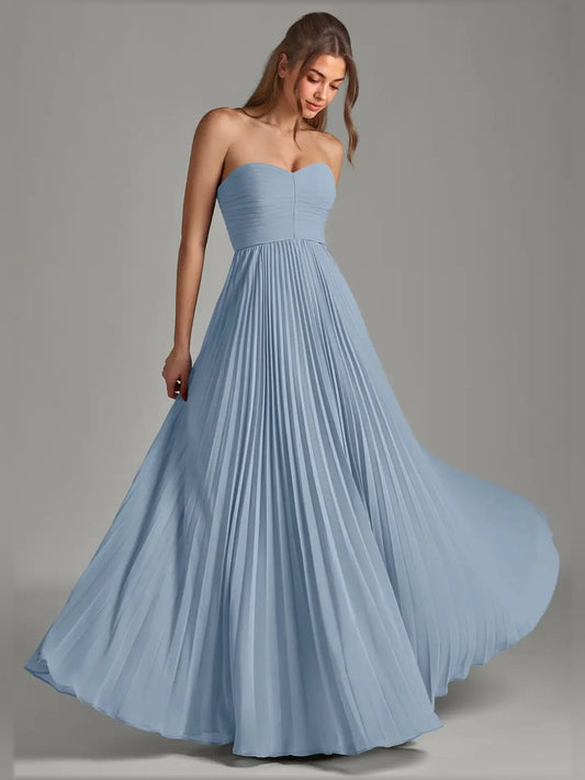 Dusty blue strapless chiffon A-line formal dress with pleated flowing skirt