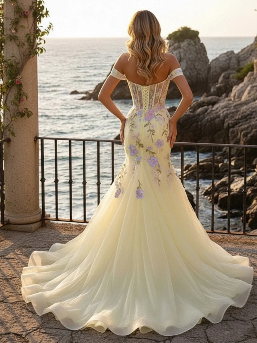 Back view pale lemon floral corset mermaid prom dress, sweetheart neckline, tulle maxi skirt