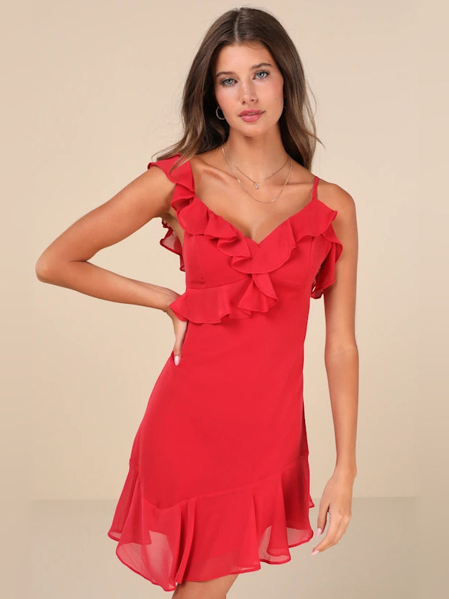Red ruffled mini homecoming dress with layered V-neck and flutter straps
