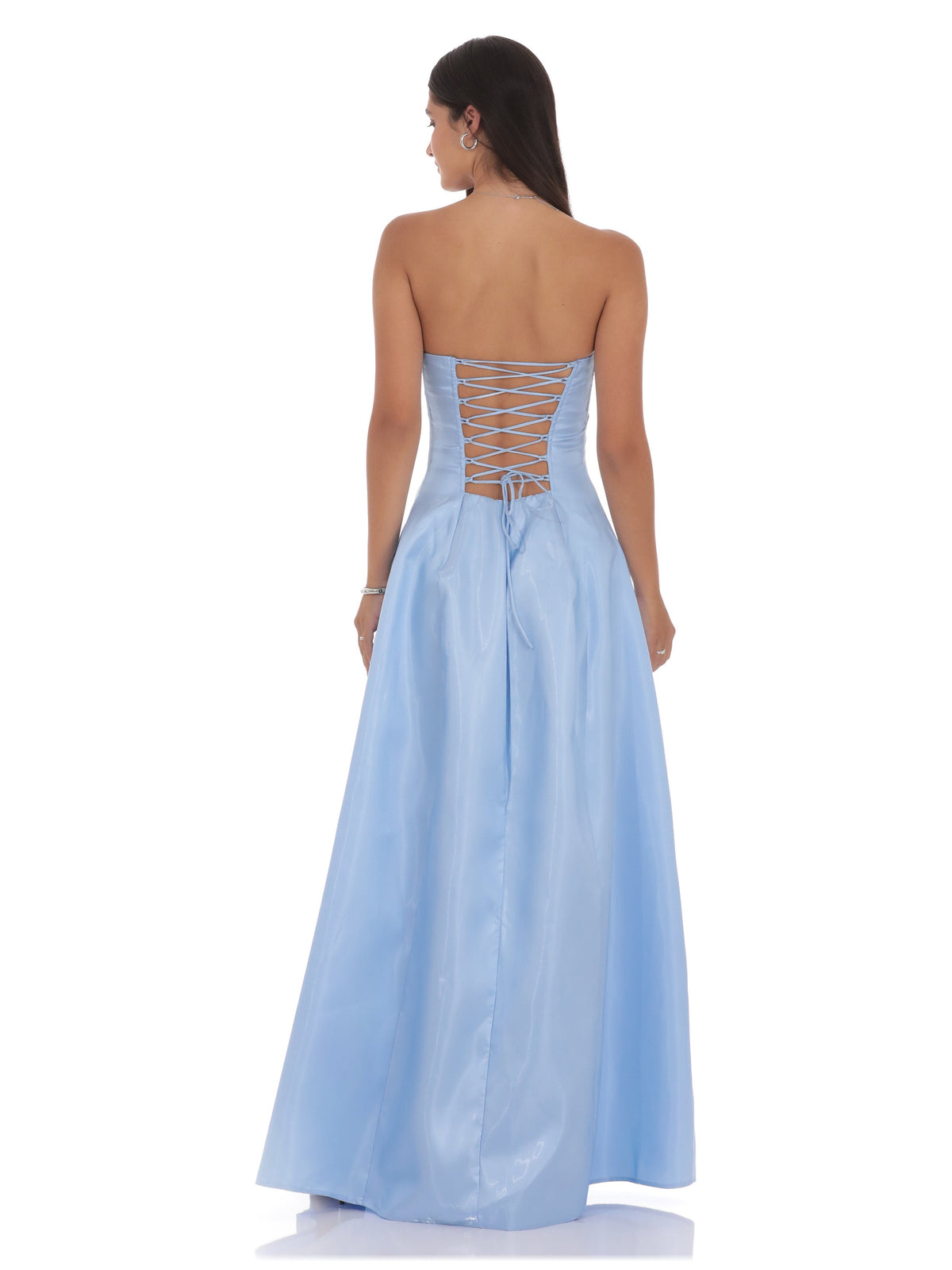 Blue bridesmaid dress with empire-waist silhouette and maxi length