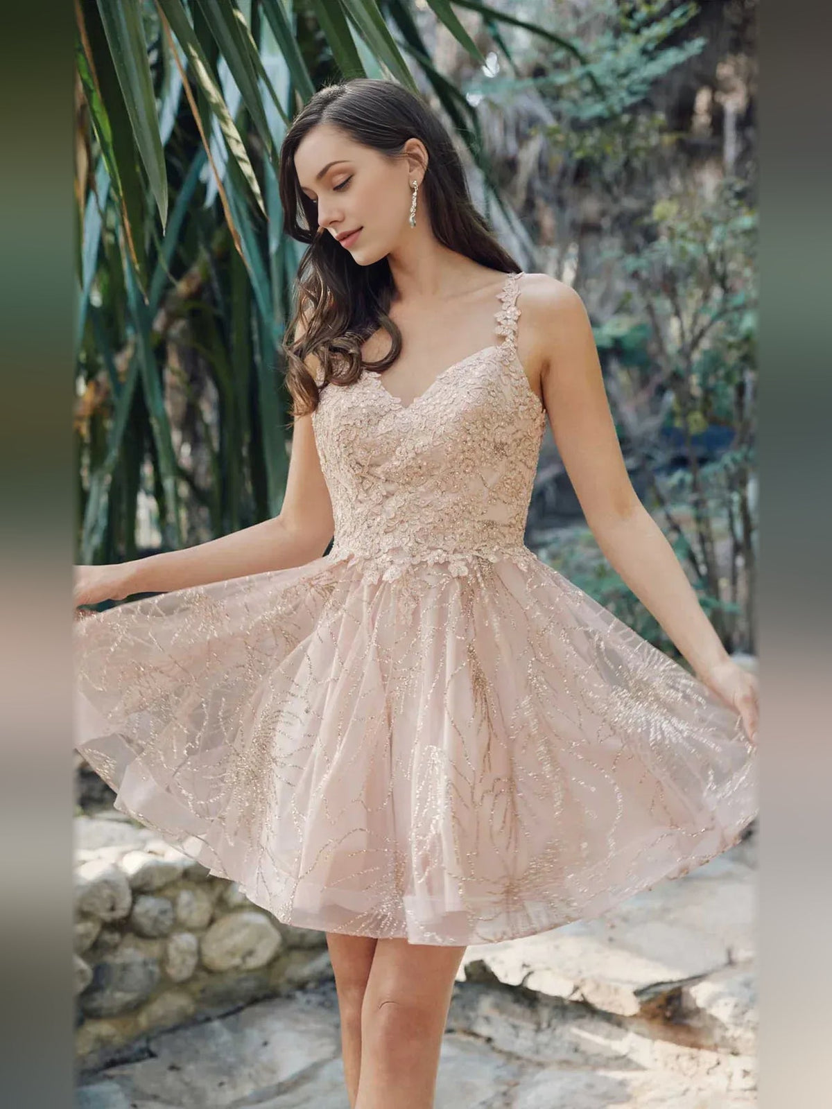 Champagne embroidered floral V-neck corset mini tulle fit-and-flare dress, sleeveless
