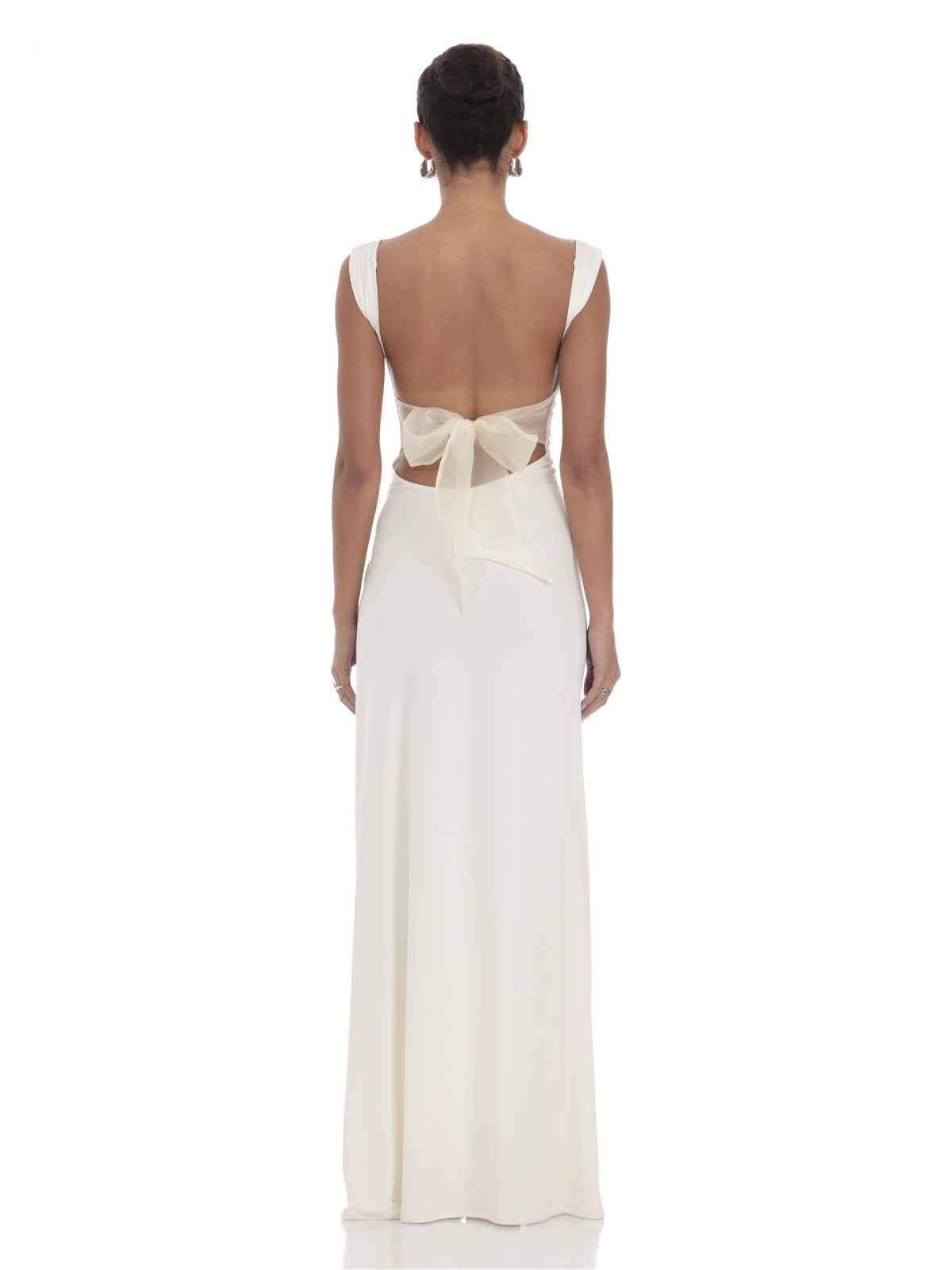 White bridesmaid dress with a-line silhouette and maxi length