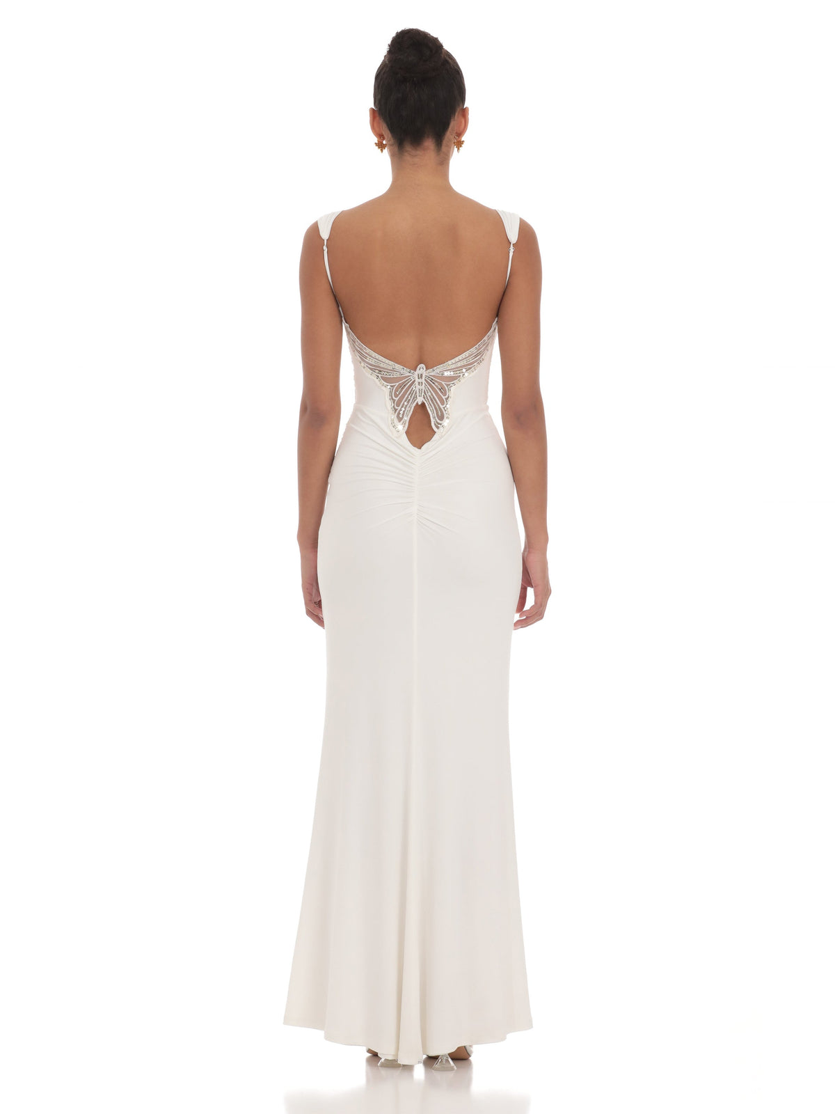 White bridesmaid dress with a-line silhouette and maxi length