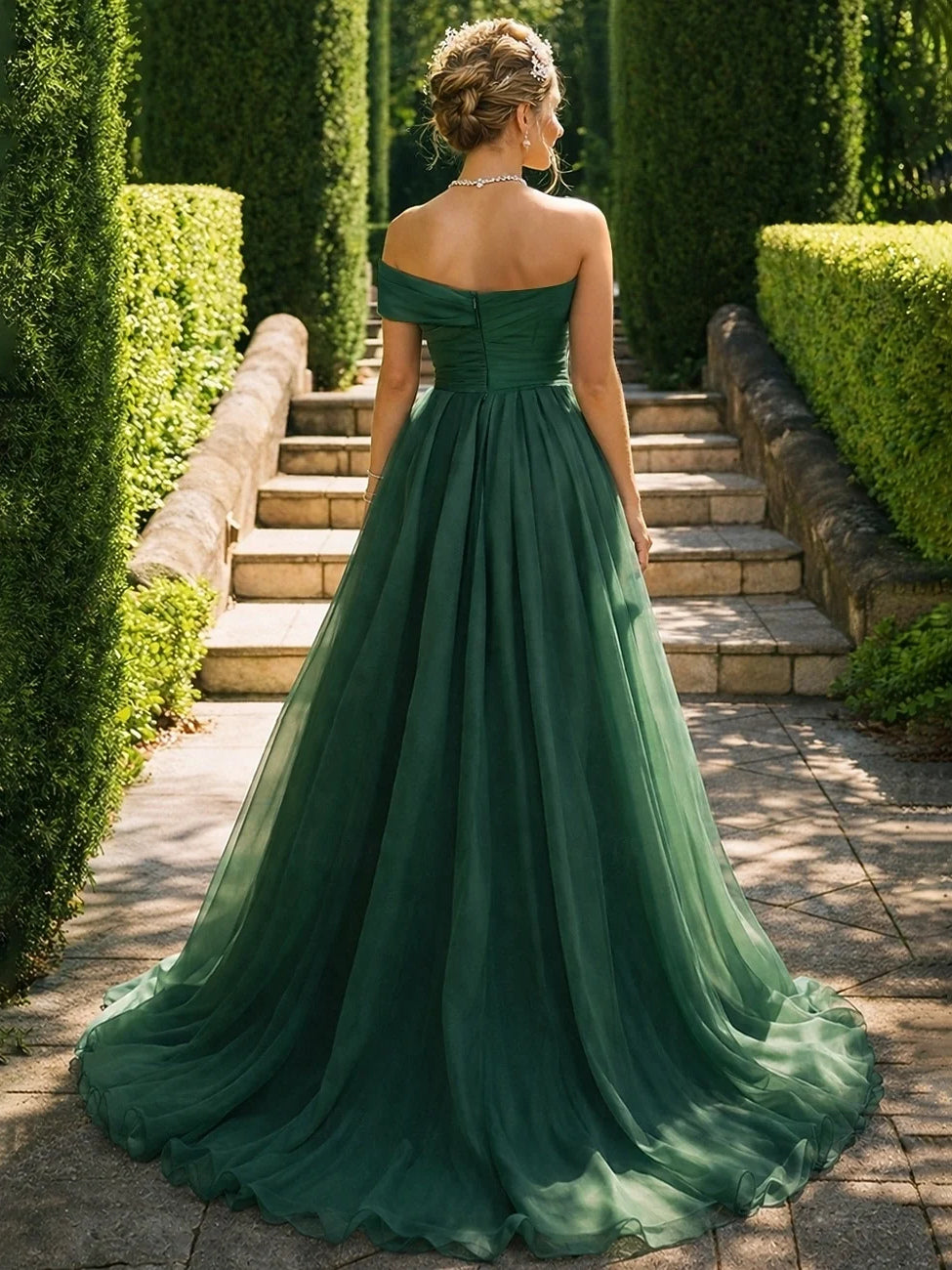 Jungle green off-shoulder pleated tulle prom gown with ruched bodice and front slit