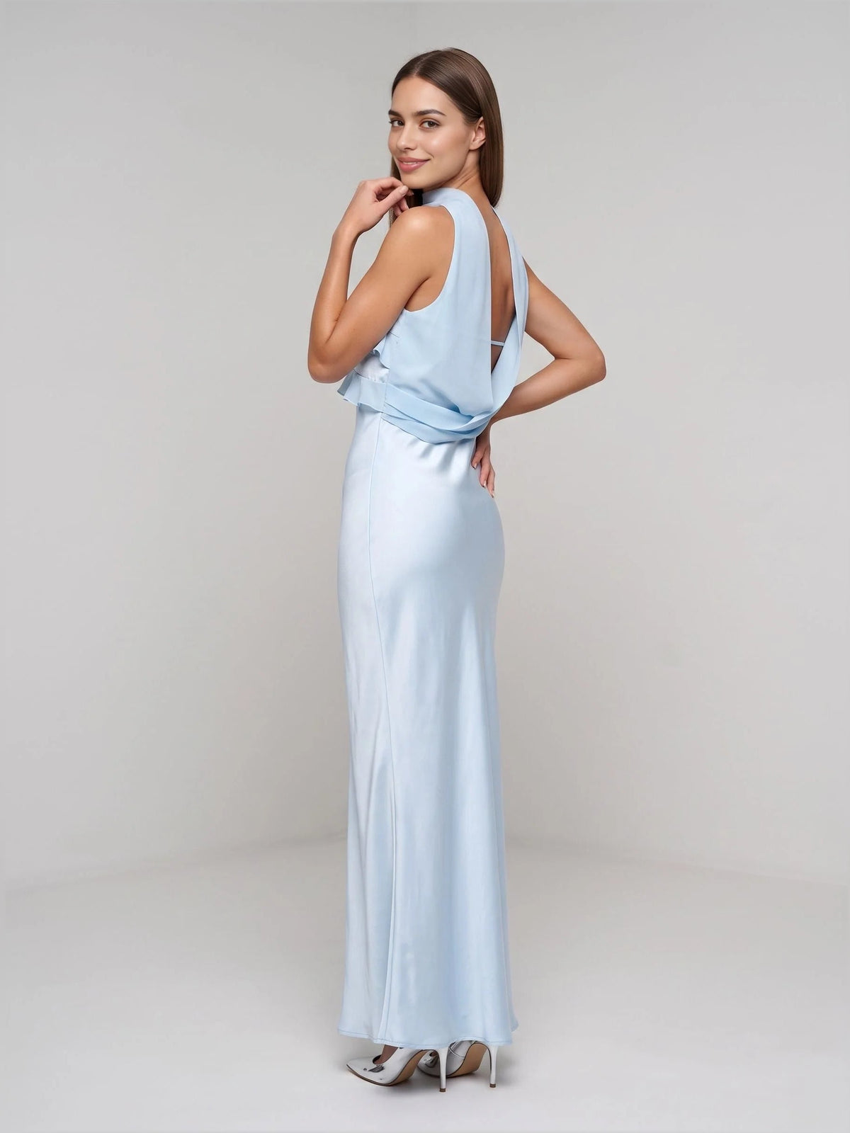 Sky blue satin strapless mermaid gown with ruffled, draped bodice and high neck