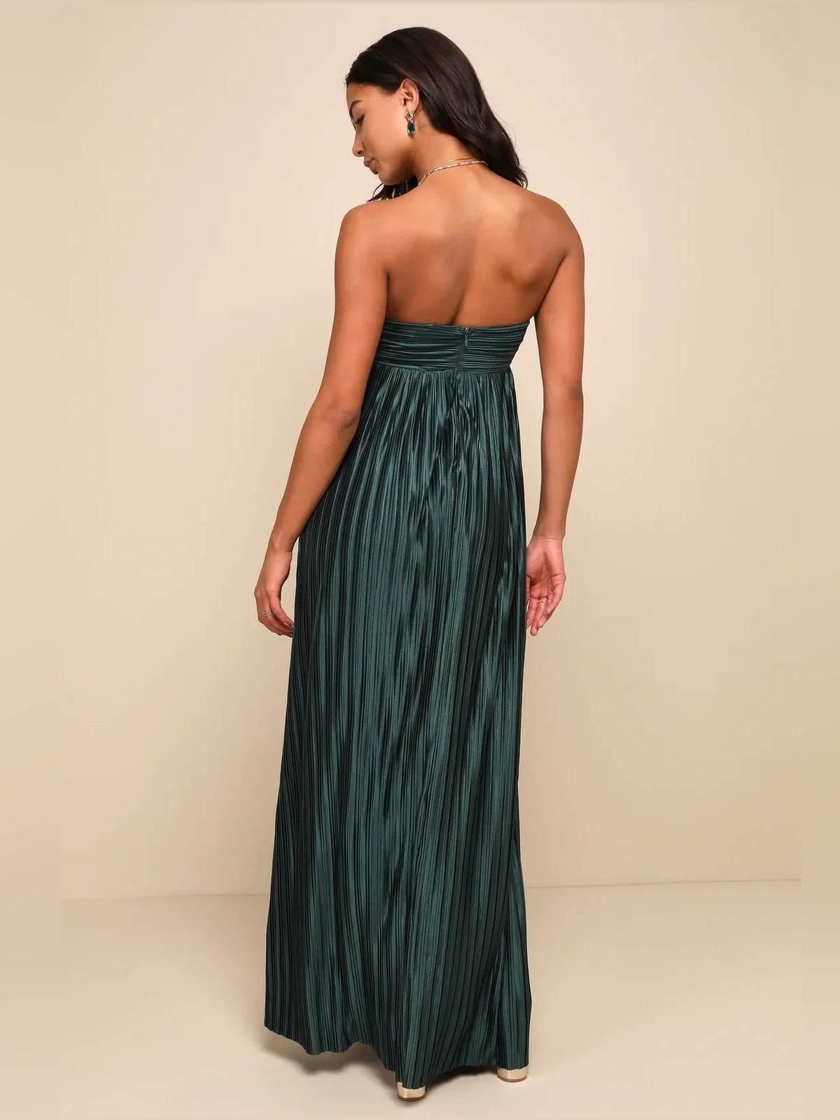 Emerald green strapless satin maxi with ruched sweetheart bodice and pleated skirt