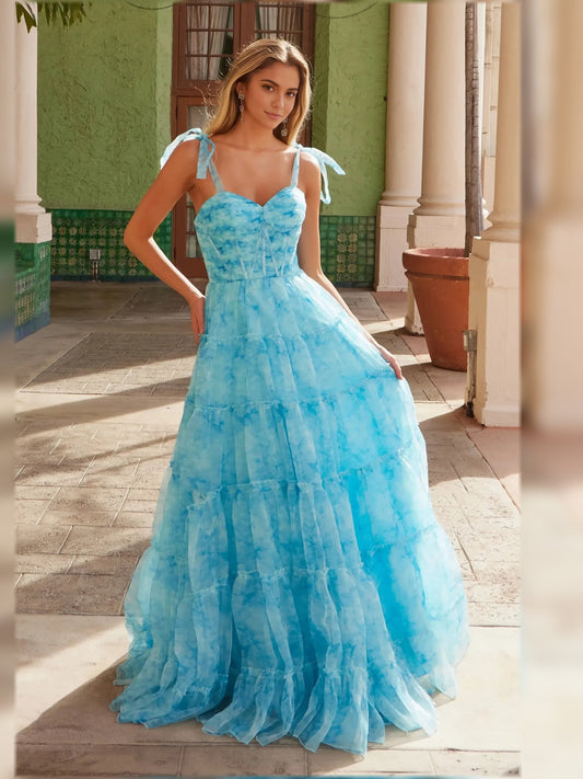 Blue sweetheart corset bodice tiered floor-length formal dress with bow straps