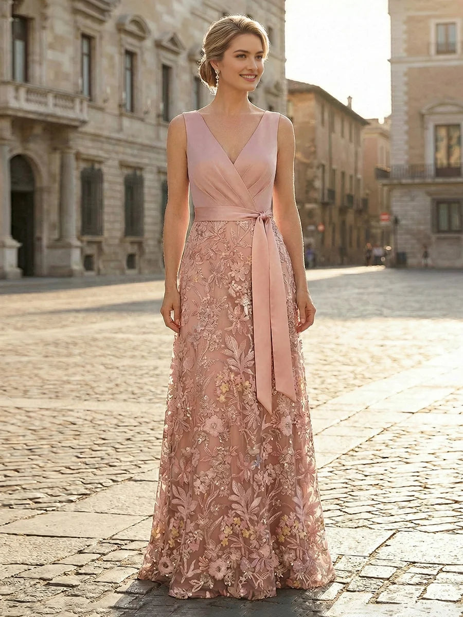 Blush pink satin maxi dress with embroidered floral lace, V-neck, sleeveless A-line
