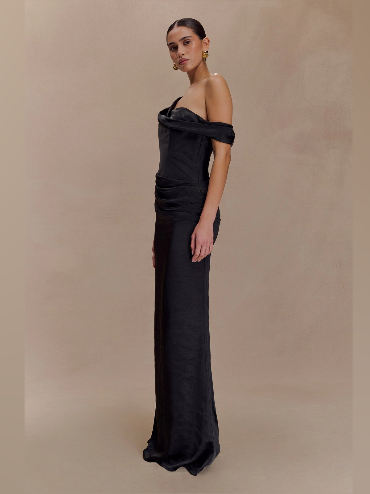 Black formal dress with a-line silhouette and maxi length