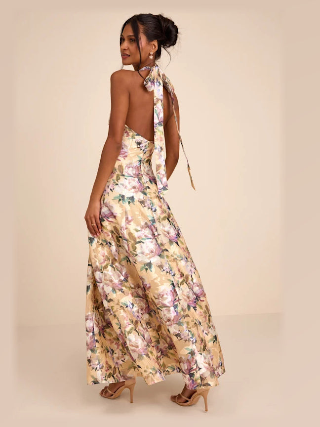 Light Yellow Floral formal dress with a-line silhouette and maxi length