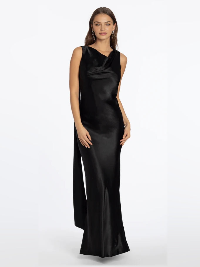 Black satin halter formal dress with side ruching, long floor-length skirt