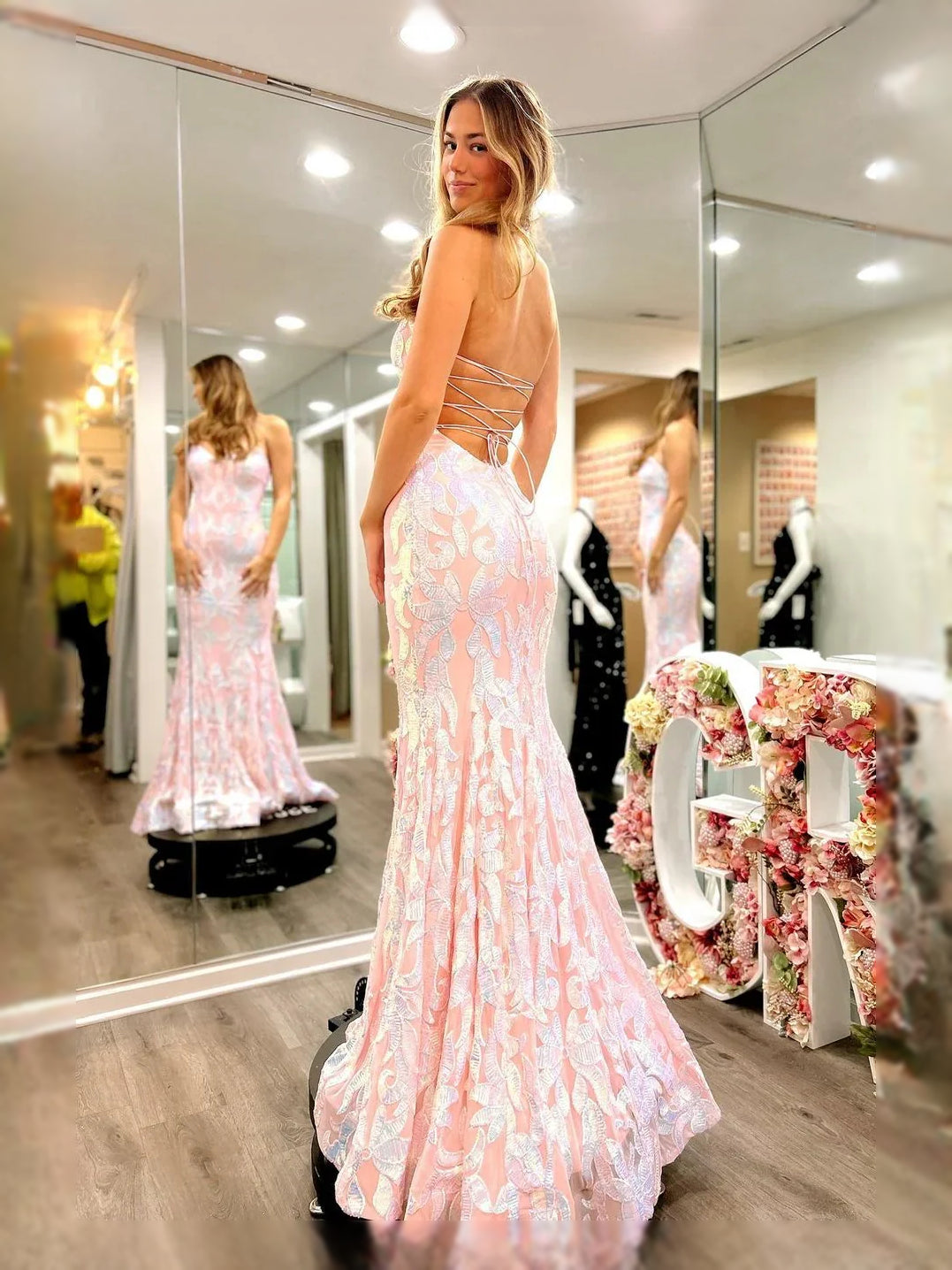 Pink sequined backless sweetheart mermaid prom dress with thin straps and long maxi hem