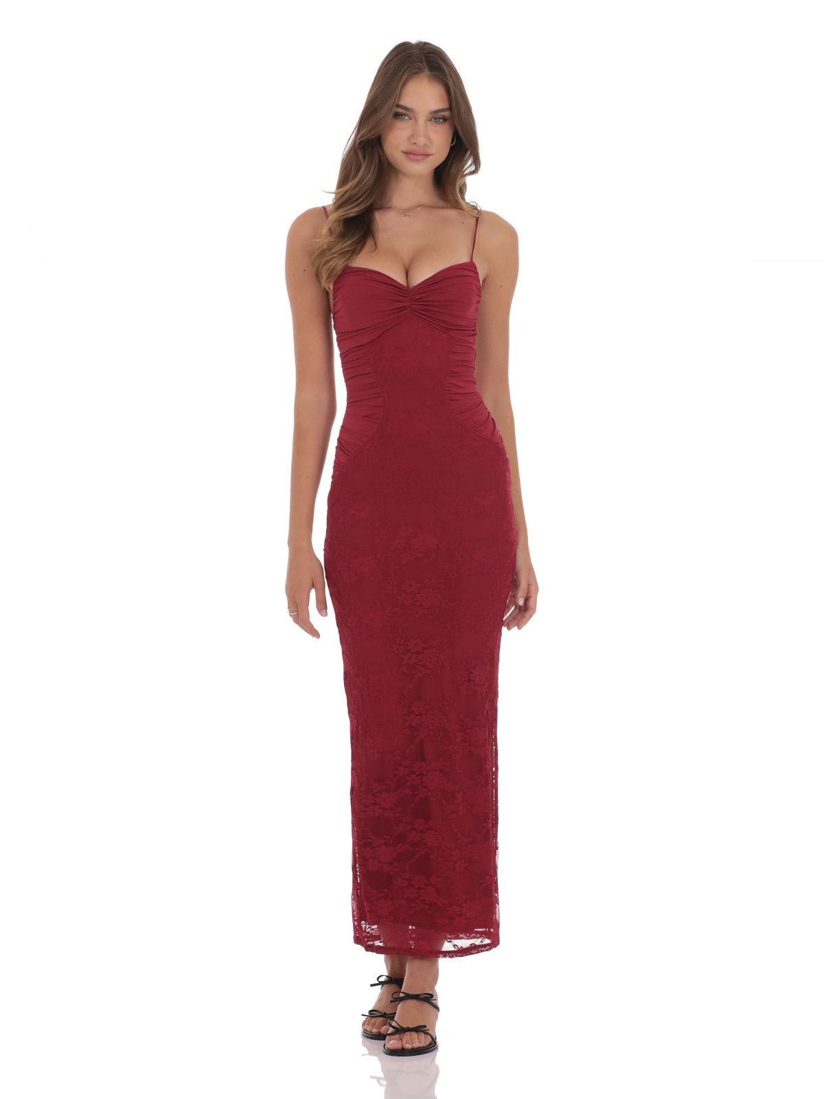 Red bridesmaid dress with a-line silhouette and maxi length