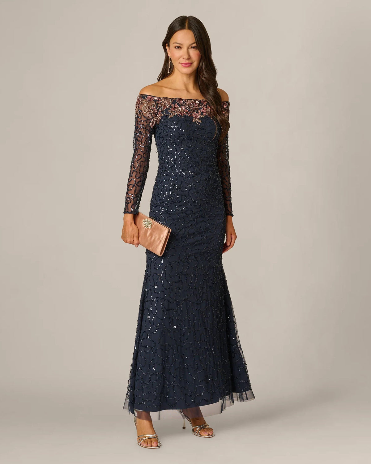 Navy off-shoulder A-line maxi dress with floral lace sleeves and sequin embellishment