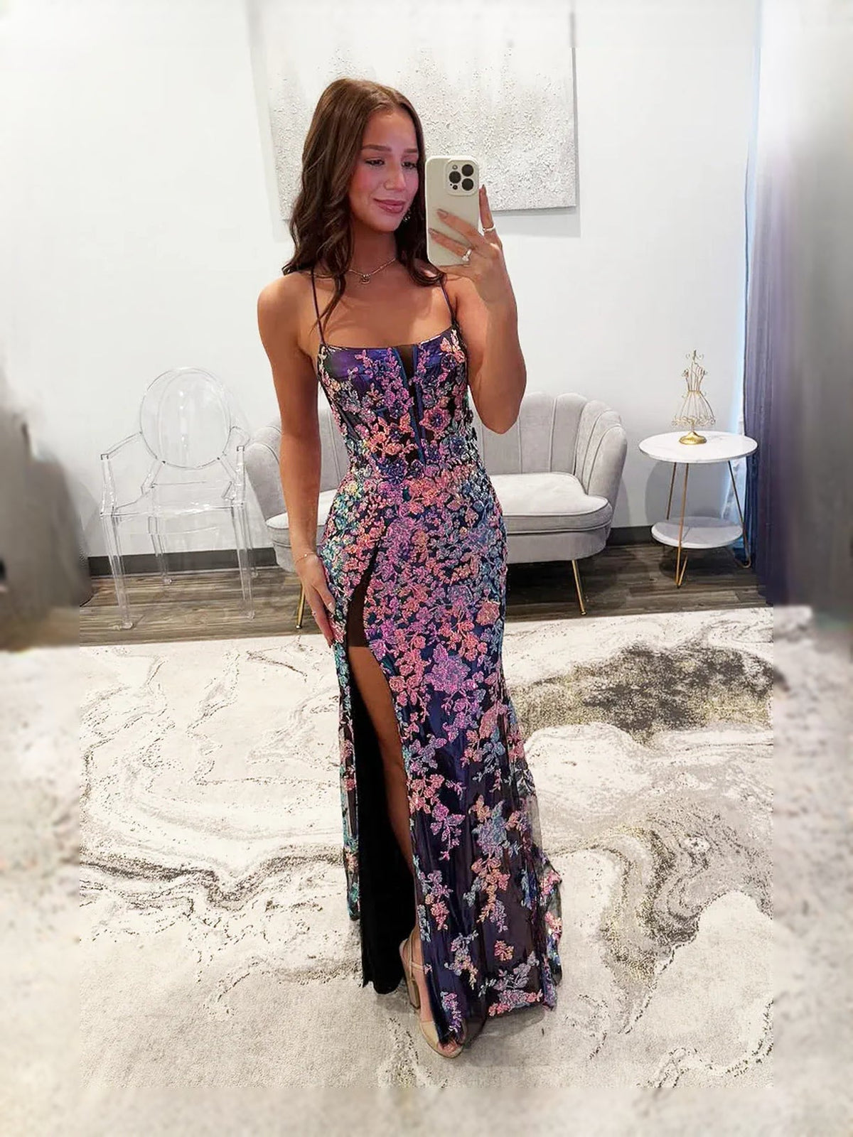 Black corset mermaid prom dress, square neckline, purple floral print, side slit