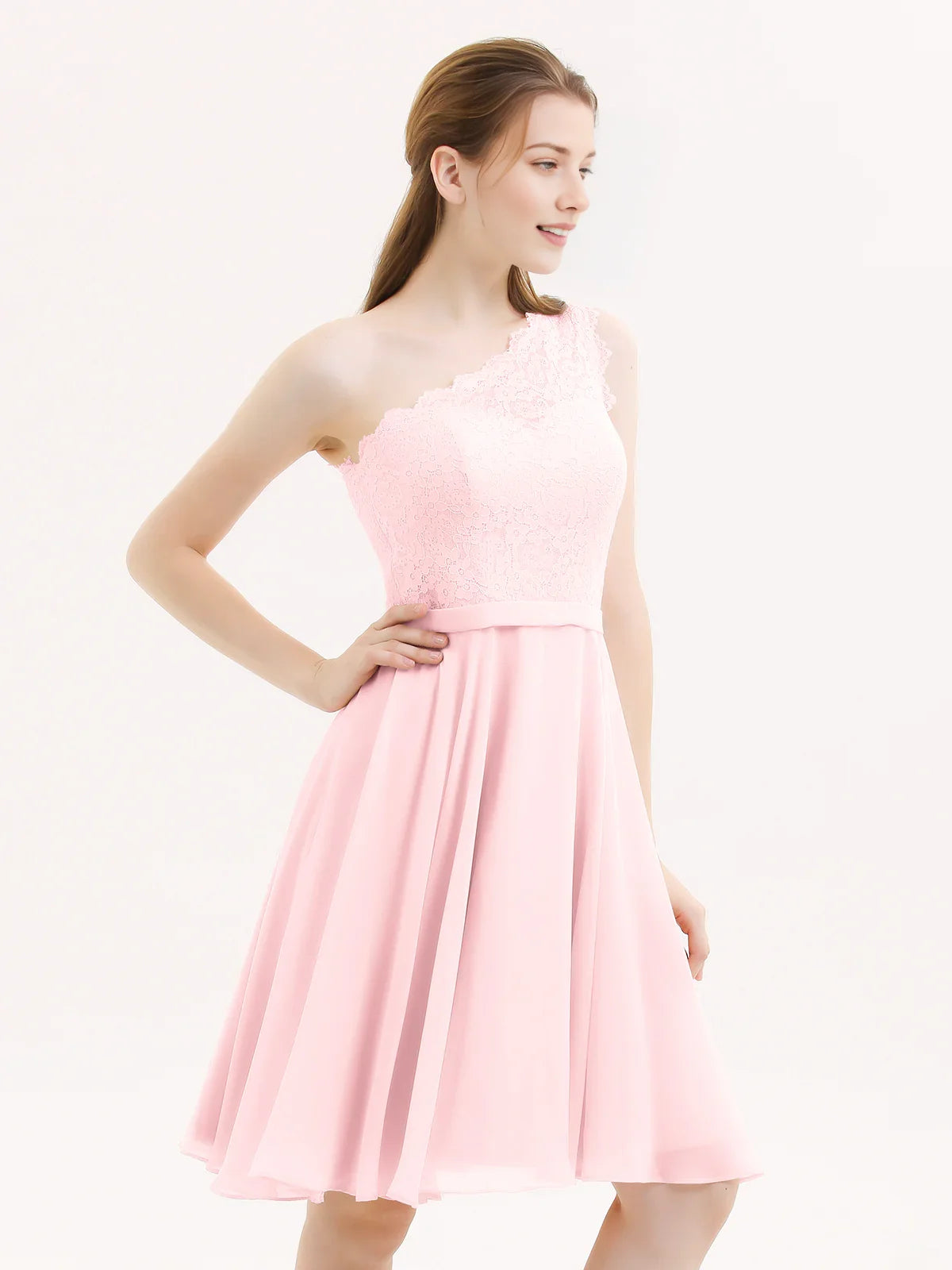 One-shoulder chiffon A-line short dress in blush pink with textured bodice and pleated skirt