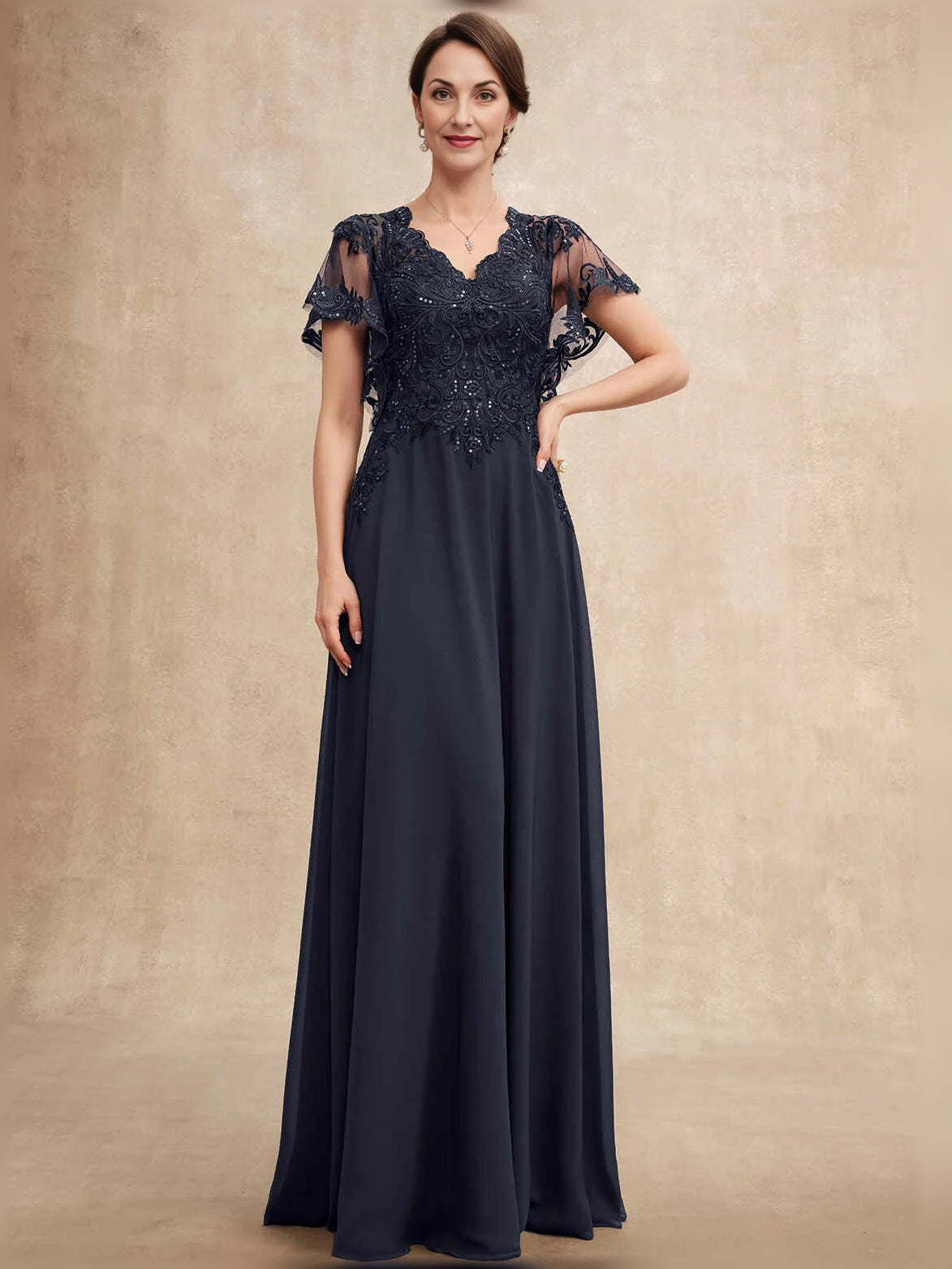 Dark navy V-neck A-line chiffon mother-of-the-bride dress with beaded lace bodice