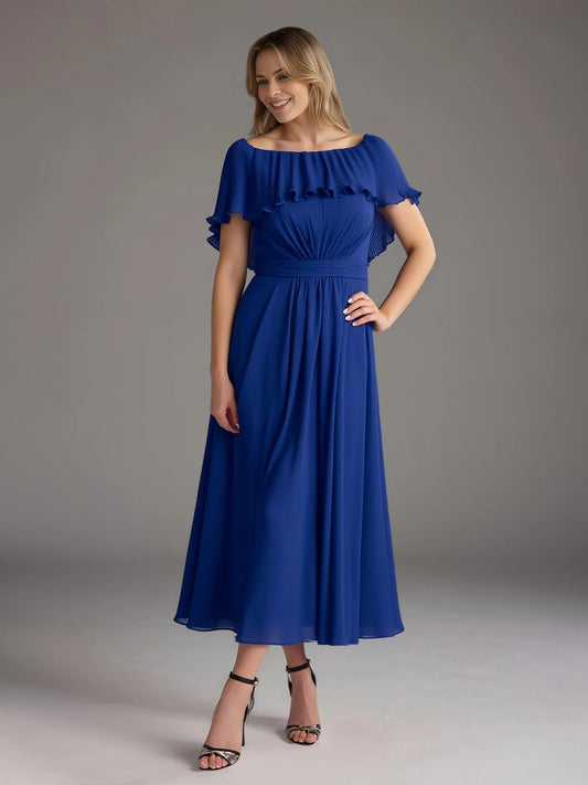 Royal blue off-the-shoulder pleated midi formal dress with ruffle sleeves