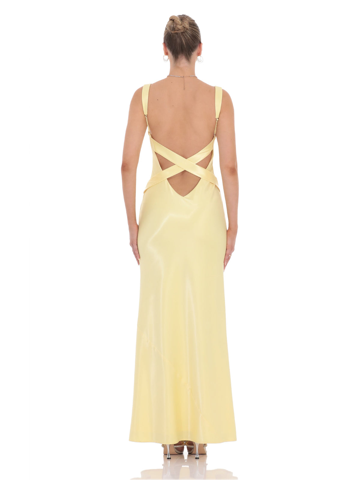 Yellow bridesmaid dress with a-line silhouette and maxi length