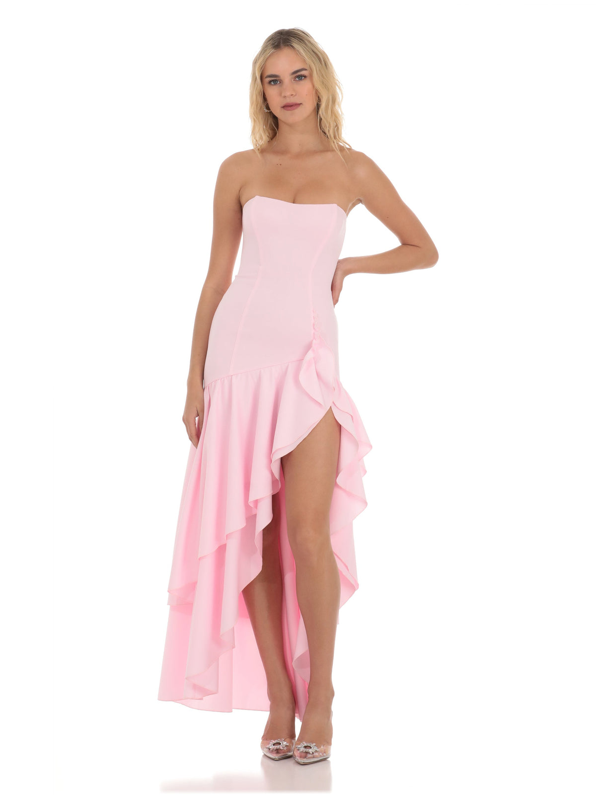 Pink bridesmaid dress with a-line silhouette and maxi length