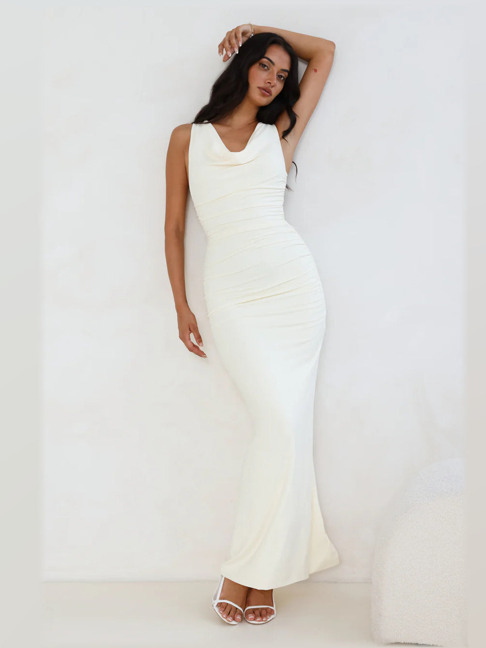 Yellow formal dress with a-line silhouette and maxi length