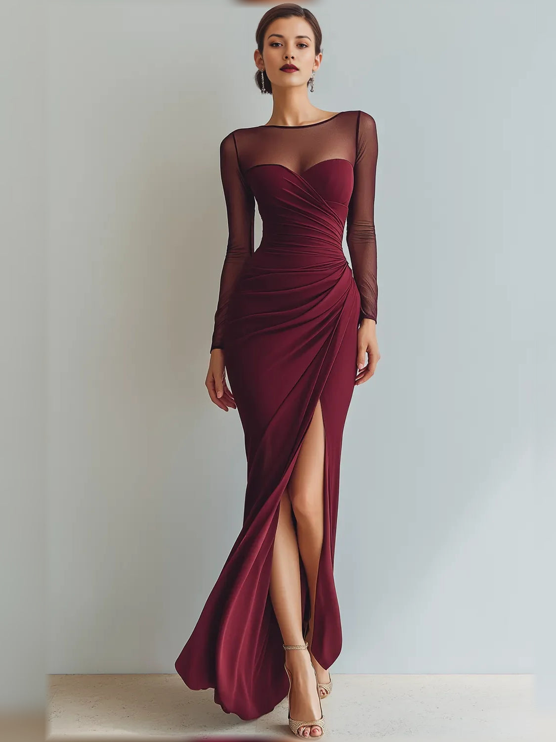 Burgundy sweetheart ruched floor-length formal dress, sheer long sleeves, side slit