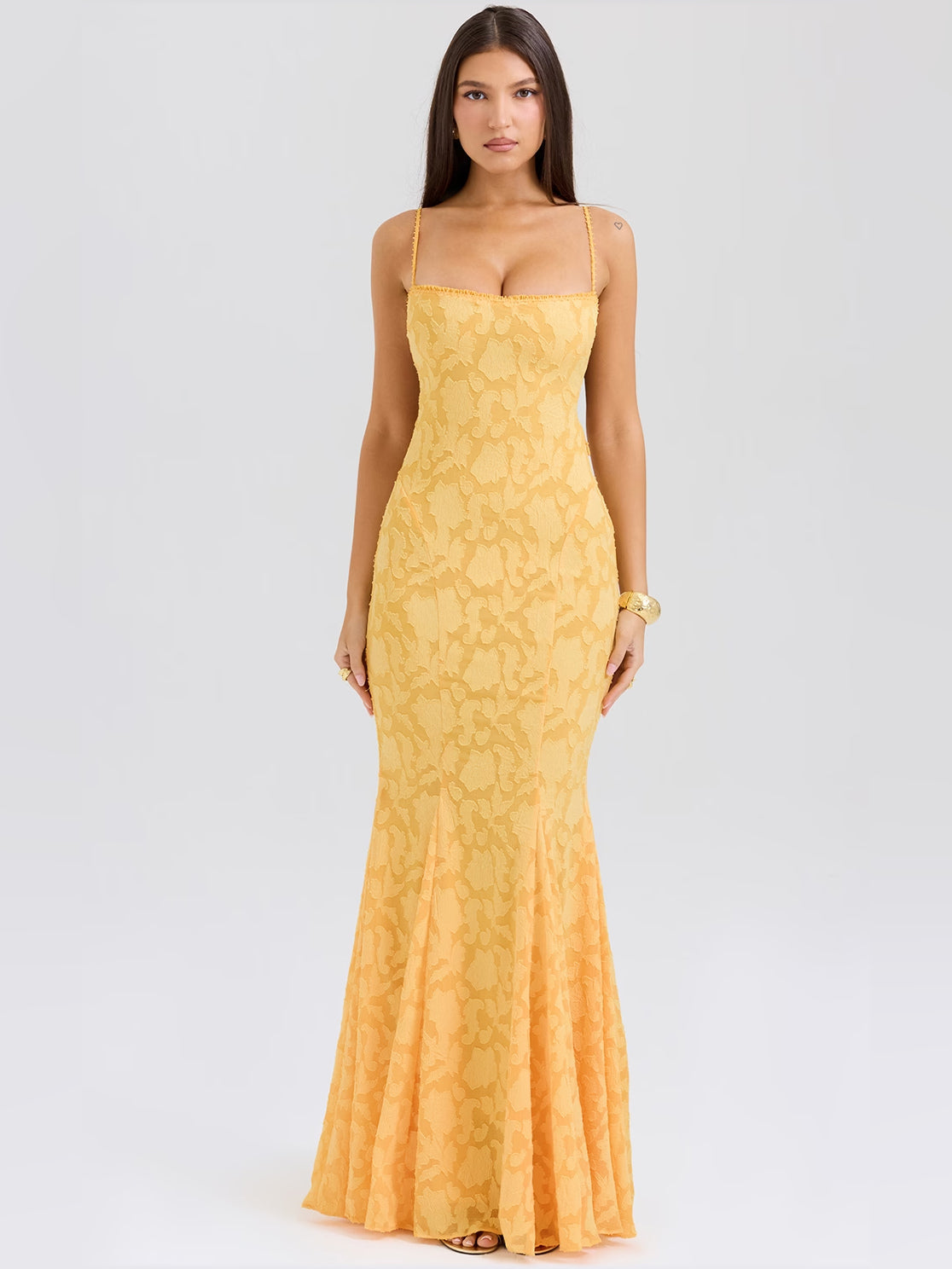 Apricot mermaid maxi formal dress with sweetheart neckline, full-length front view