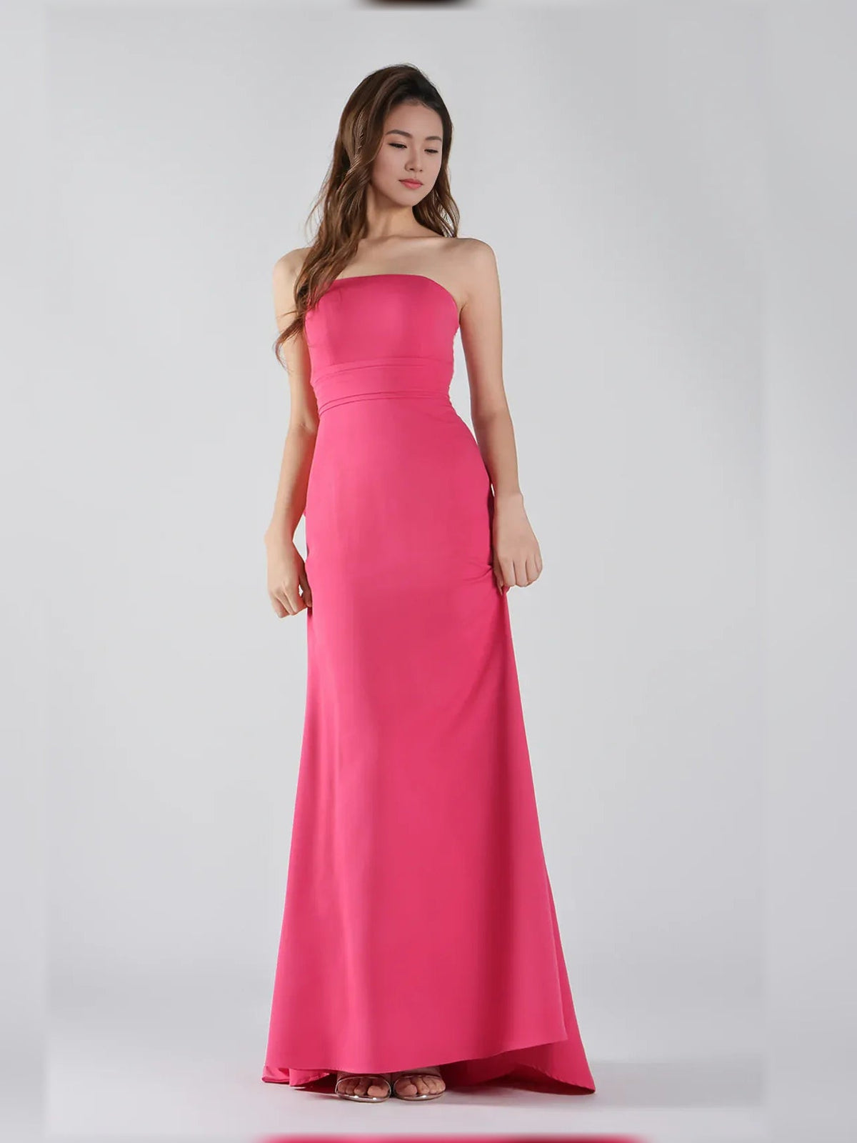 Hot pink strapless mermaid formal dress, floor-length fitted silhouette