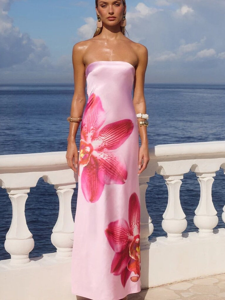 Pink Floral Print sheath maxi formal dress with strapless neckline, full-length front view