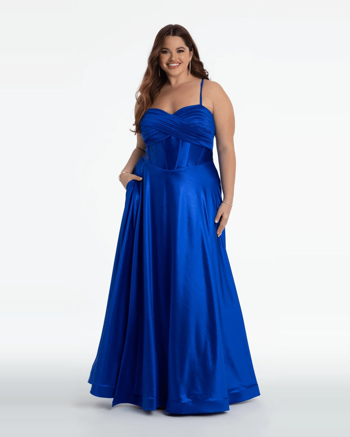 Blue corset ball-gown prom dress with sweetheart neckline and spaghetti straps