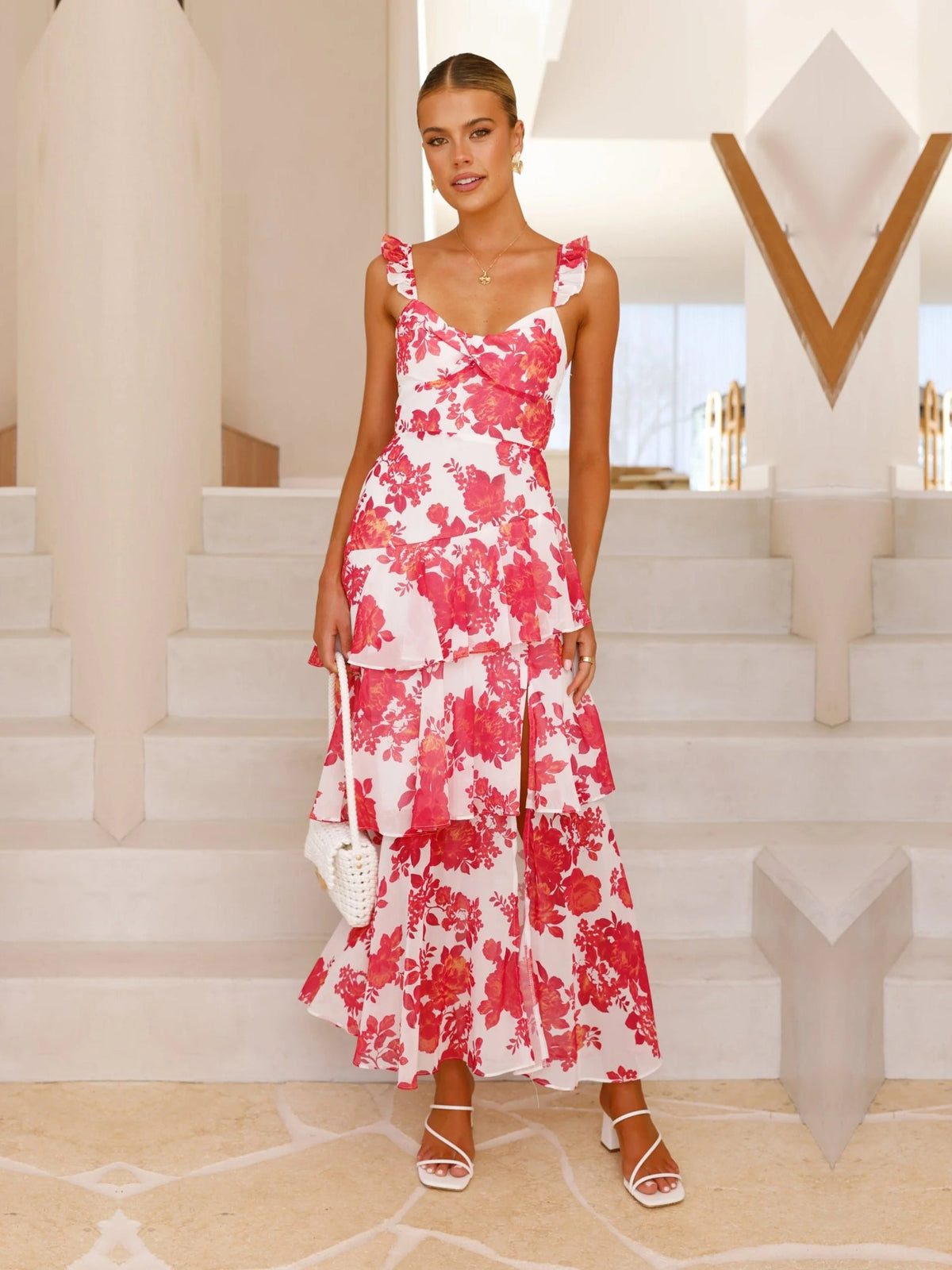Red Floral a-line maxi formal dress with square neckline, full-length front view
